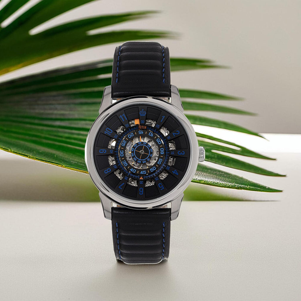 Reign Monterey Skeletonized Black Analog Dial 10 ATM WR Watch with Black Genuine Leather Strap