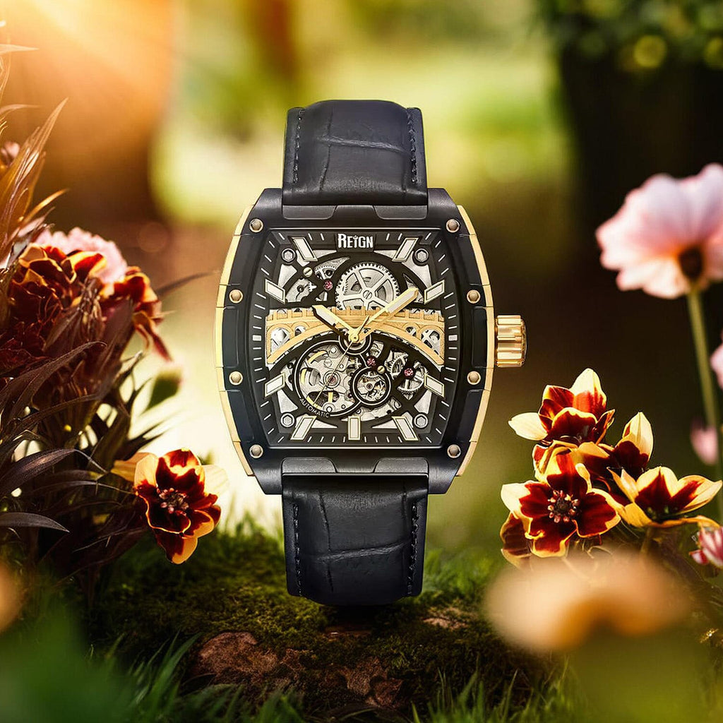 REIGN OLYMPIA Automatic Movt. 10 ATM Water Resistant Watch with Black Genuine Leather Strap in Gold Tone