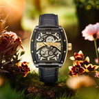 REIGN OLYMPIA Automatic Movt. 10 ATM Water Resistant Watch with Black Genuine Leather Strap in Gold Tone