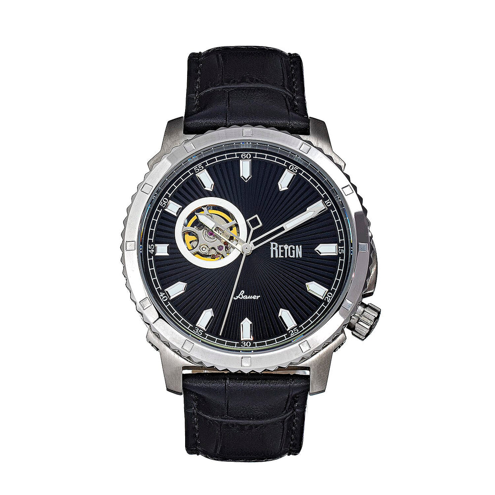 Reign Bauer Automatic Semi-Skeleton Black Analog Dial Silver Case 5 ATM WR Mens Watch with Black Genuine Leather Strap