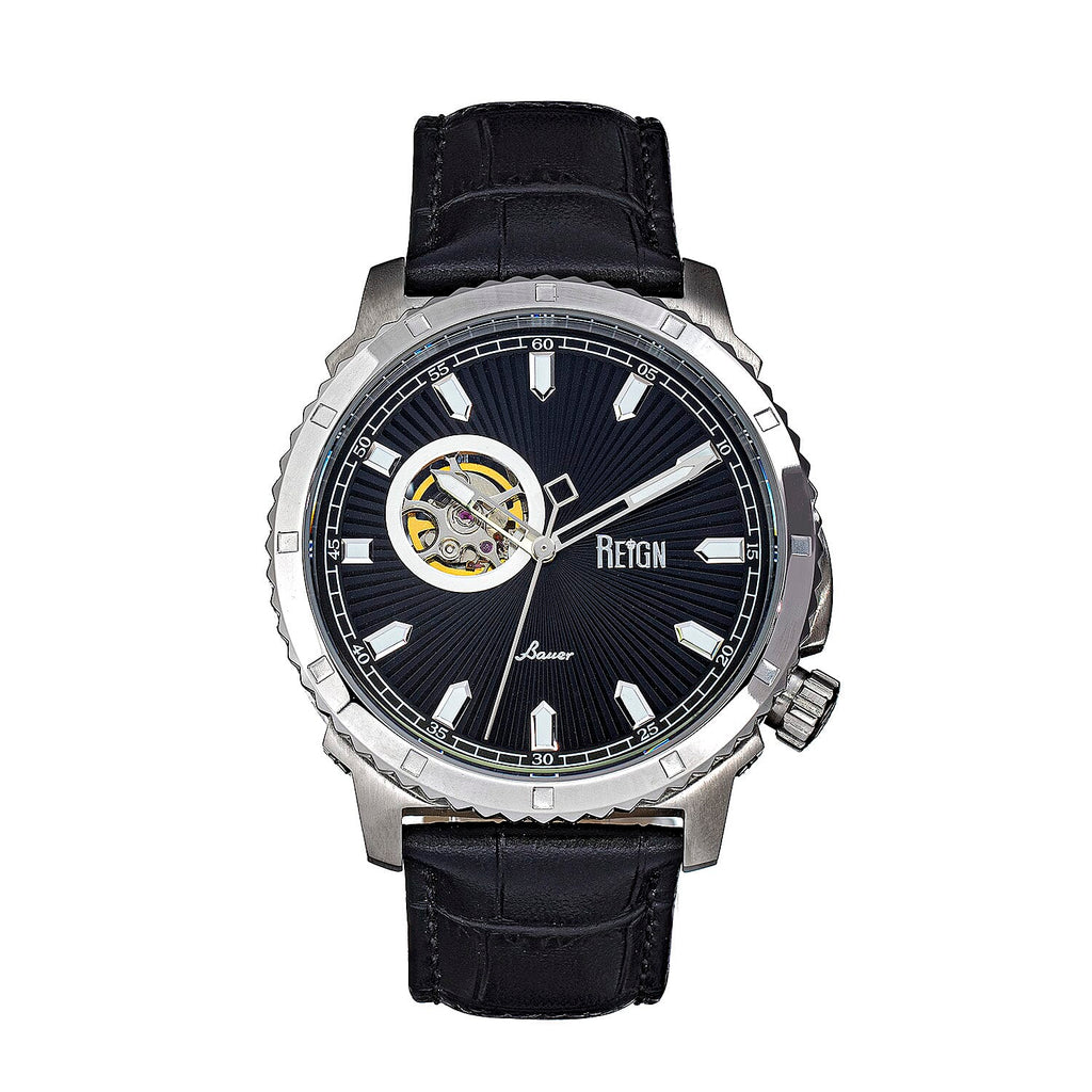 Reign Bauer Automatic Semi-Skeleton Black Analog Dial Silver Case 5 ATM WR Mens Watch with Black Genuine Leather Strap