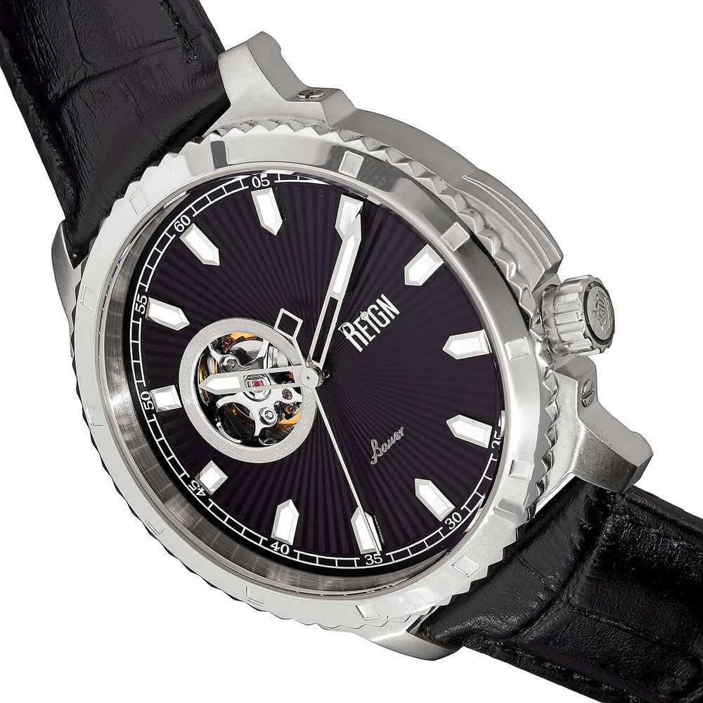 Reign Bauer Automatic Semi-Skeleton Black Analog Dial Silver Case 5 ATM WR Mens Watch with Black Genuine Leather Strap