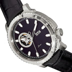 Reign Bauer Automatic Semi-Skeleton Black Analog Dial Silver Case 5 ATM WR Mens Watch with Black Genuine Leather Strap