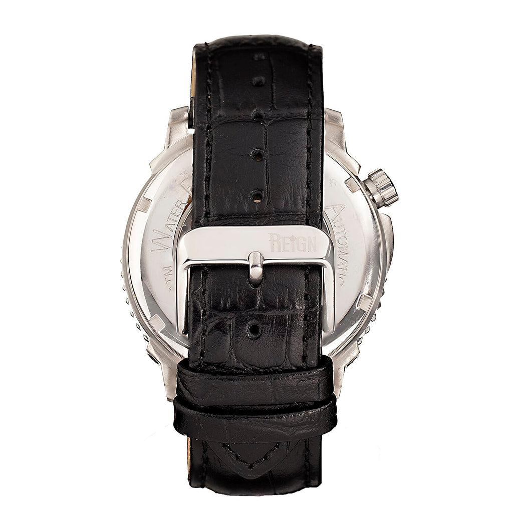Reign Bauer Automatic Semi-Skeleton Black Analog Dial Silver Case 5 ATM WR Mens Watch with Black Genuine Leather Strap