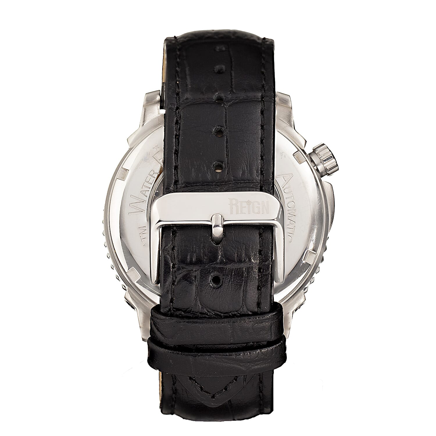 Reign Bauer Automatic Semi-Skeleton Black Analog Dial Silver Case 5 ATM WR Mens Watch with Black Genuine Leather Strap