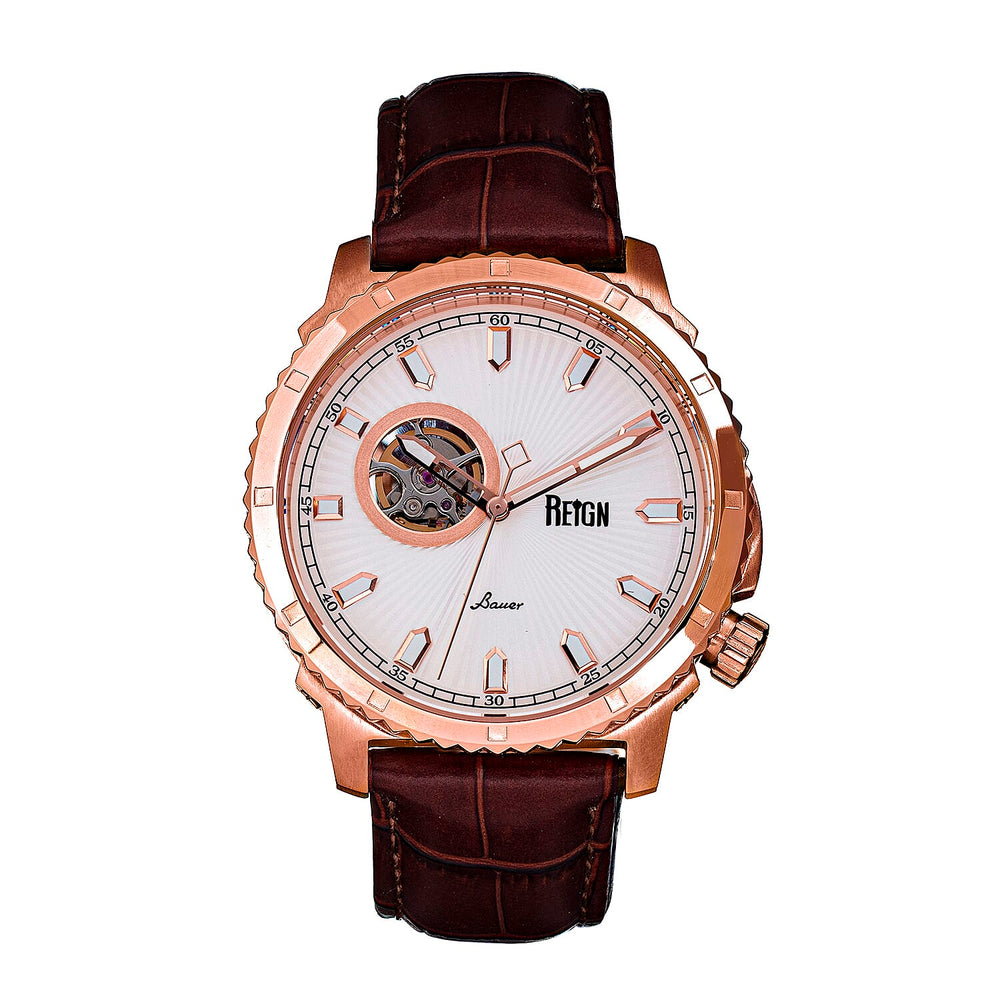 Reign Bauer Automatic Semi-Skeleton White Analog Dial Rose Gold Case 5 ATM WR Mens Watch with Brown Genuine Leather Strap