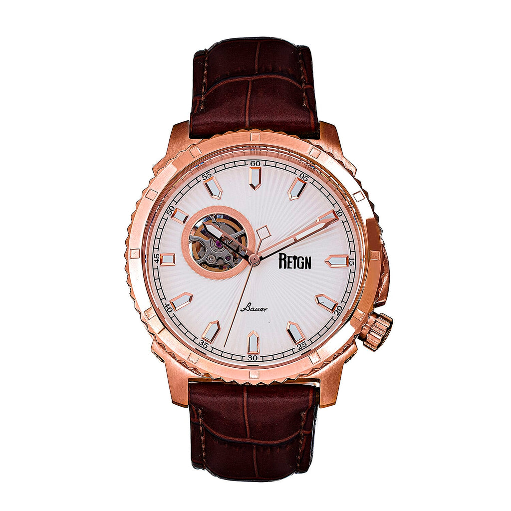 Reign Bauer Automatic Semi-Skeleton White Analog Dial Rose Gold Case 5 ATM WR Mens Watch with Brown Genuine Leather Strap