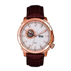 Reign Bauer Automatic Semi-Skeleton White Analog Dial Rose Gold Case 5 ATM WR Mens Watch with Brown Genuine Leather Strap