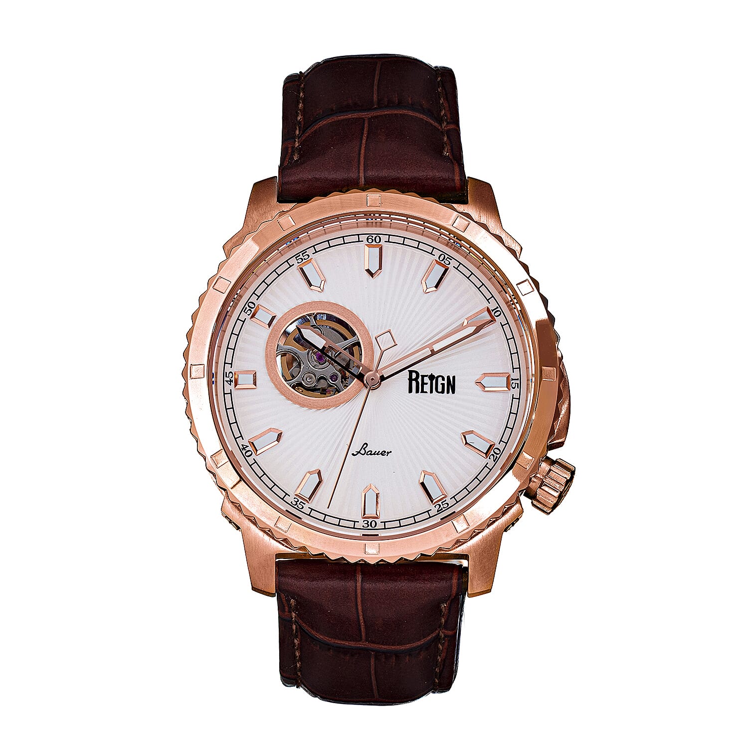 Reign Bauer Automatic Semi-Skeleton White Analog Dial Rose Gold Case 5 ATM WR Mens Watch with Brown Genuine Leather Strap
