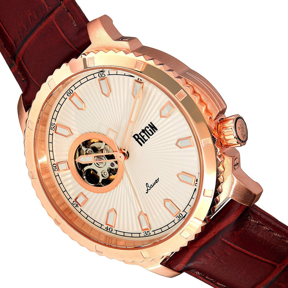 Reign Bauer Automatic Semi-Skeleton White Analog Dial Rose Gold Case 5 ATM WR Mens Watch with Brown Genuine Leather Strap