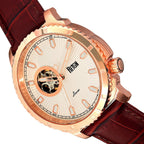 Reign Bauer Automatic Semi-Skeleton White Analog Dial Rose Gold Case 5 ATM WR Mens Watch with Brown Genuine Leather Strap