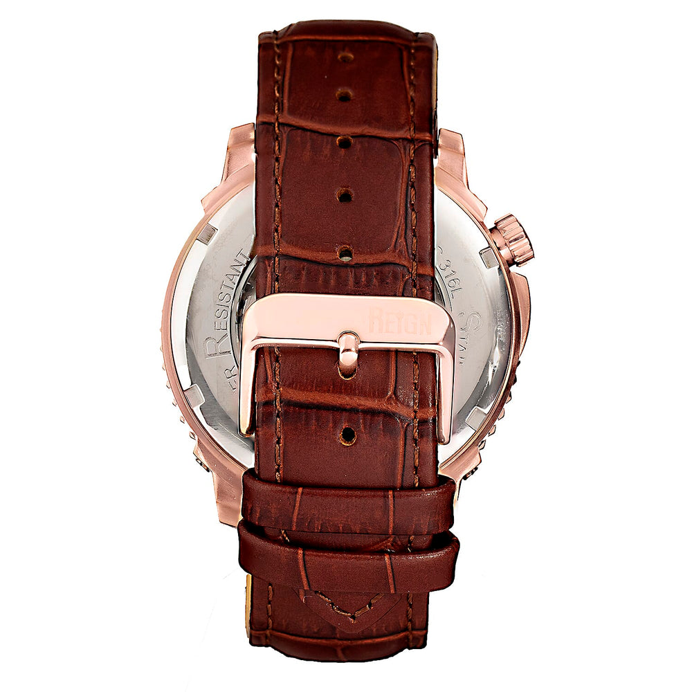 Reign Bauer Automatic Semi-Skeleton White Analog Dial Rose Gold Case 5 ATM WR Mens Watch with Brown Genuine Leather Strap