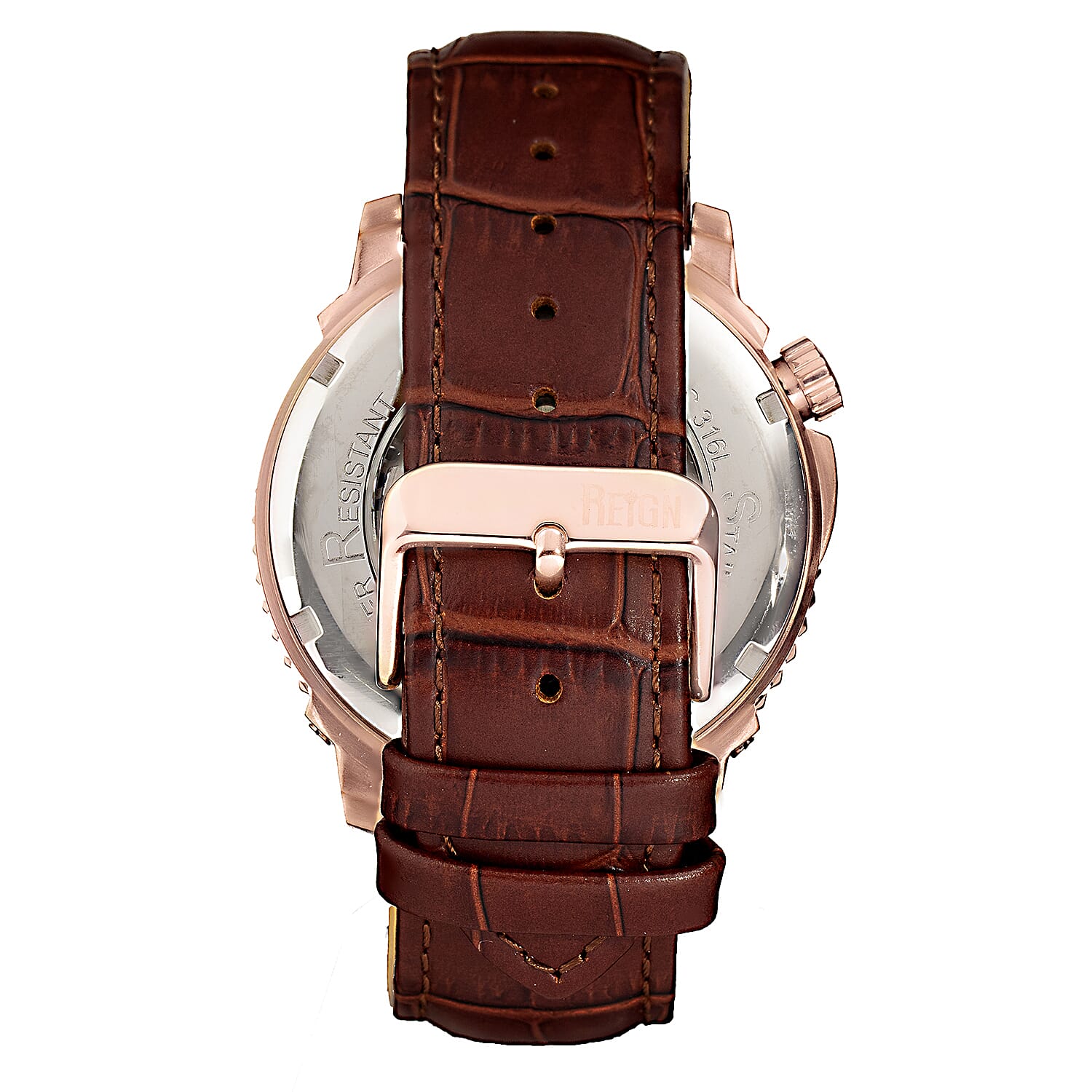 Reign Bauer Automatic Semi-Skeleton White Analog Dial Rose Gold Case 5 ATM WR Mens Watch with Brown Genuine Leather Strap