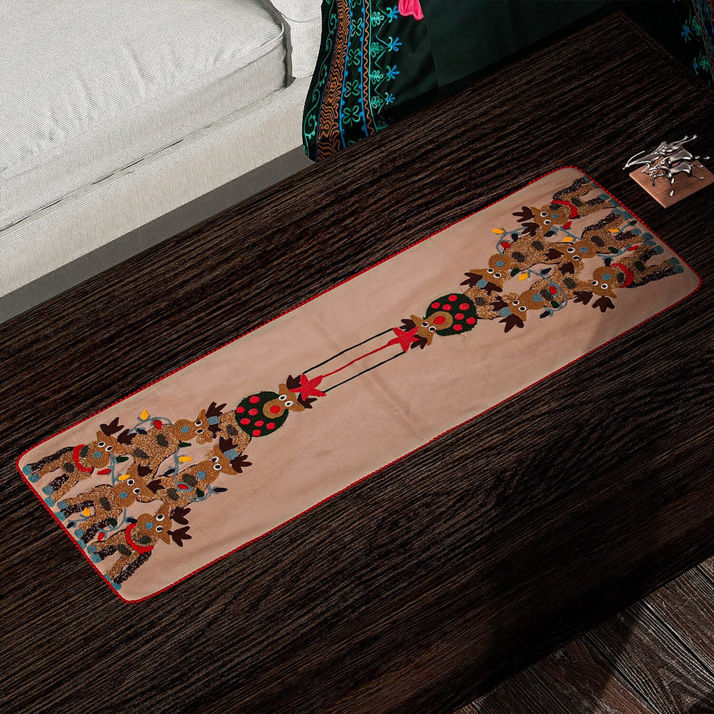Reindeer Embroidered Cotton Table Runner (Size 91x35 Cm) - Beige & Red