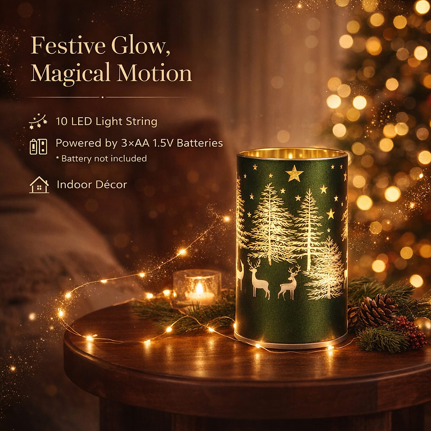 Reindeer & Pine Tree Scene Rotating LED Christmas Light Table Lamp - Green & Yellow