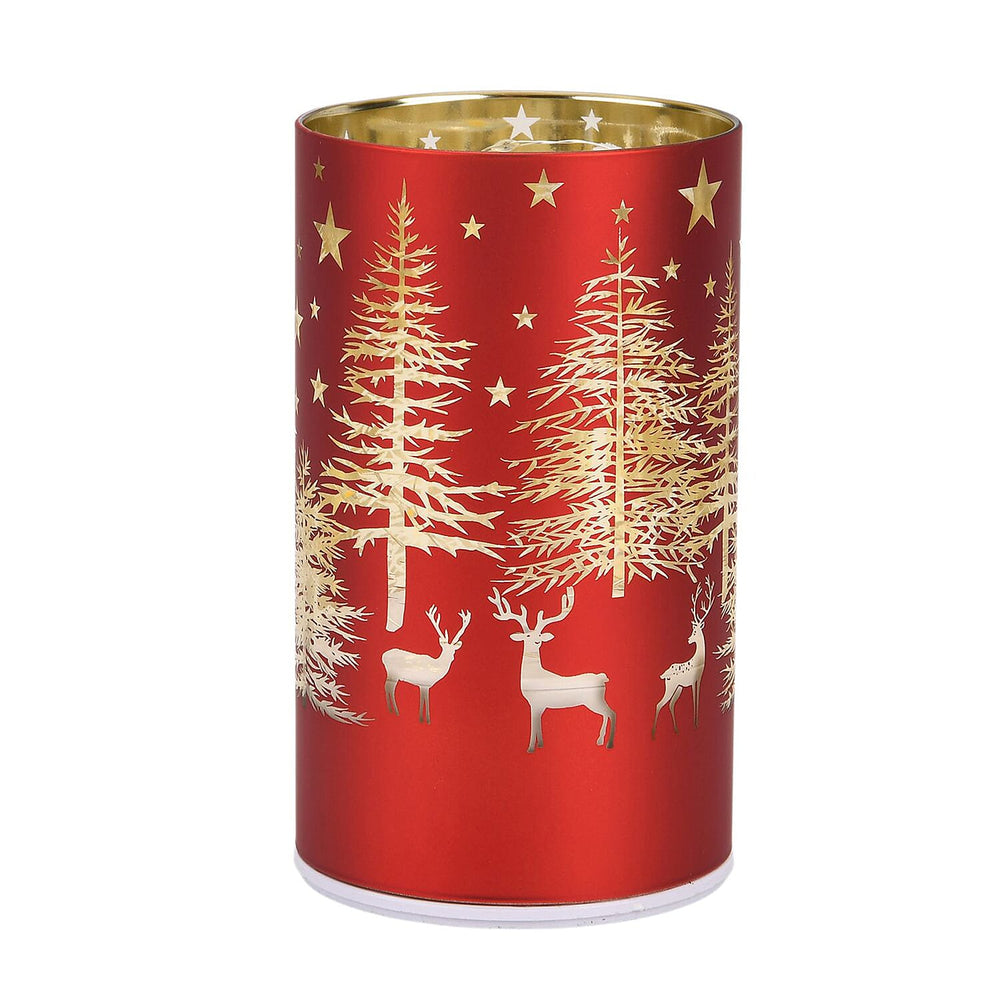 Reindeer & Pine Tree Scene Rotating LED Christmas Light Table Lamp - Red & Yellow