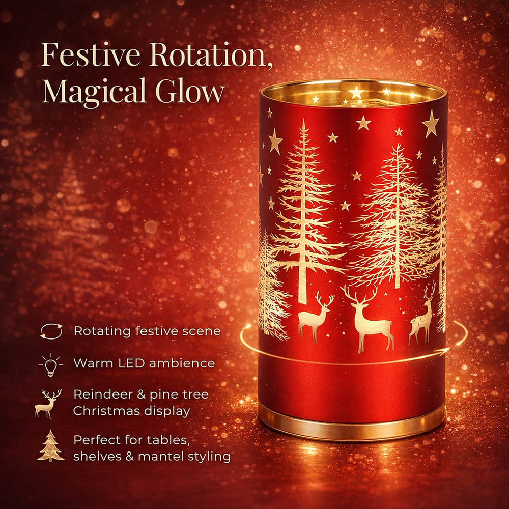Reindeer & Pine Tree Scene Rotating LED Christmas Light Table Lamp - Red & Yellow