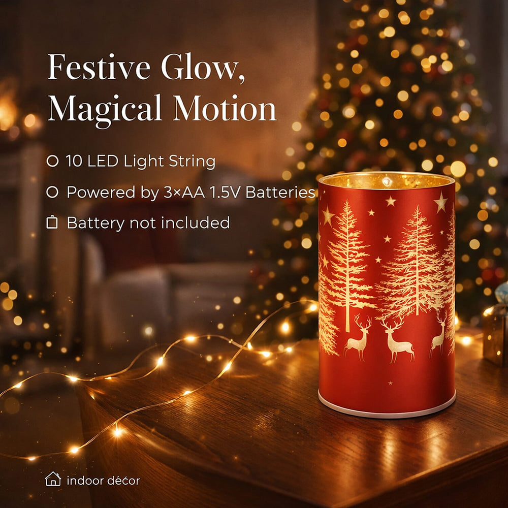 Reindeer & Pine Tree Scene Rotating LED Christmas Light Table Lamp - Red & Yellow