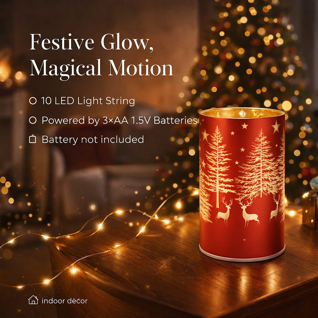 Reindeer & Pine Tree Scene Rotating LED Christmas Light Table Lamp - Red & Yellow