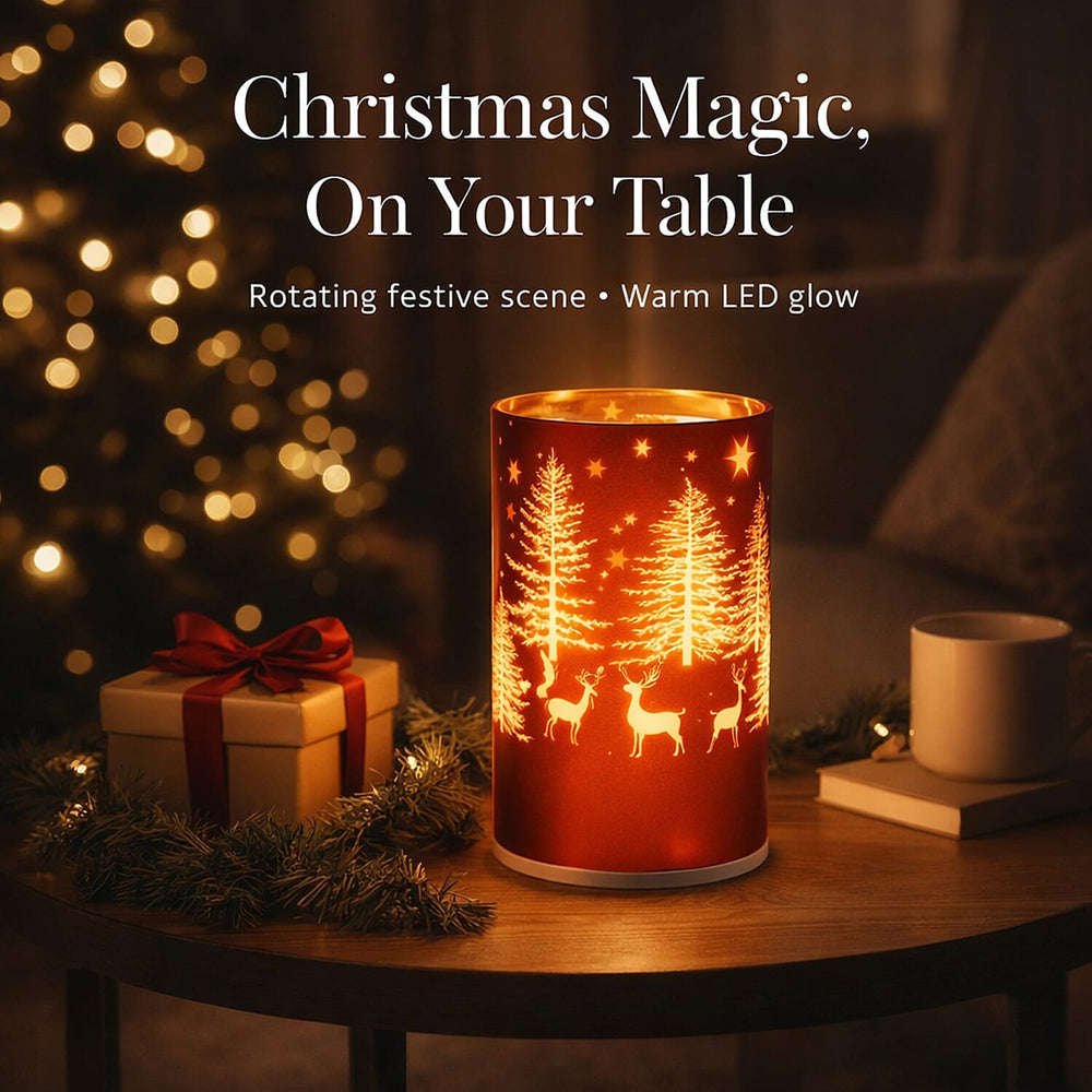 Reindeer & Pine Tree Scene Rotating LED Christmas Light Table Lamp - Red & Yellow