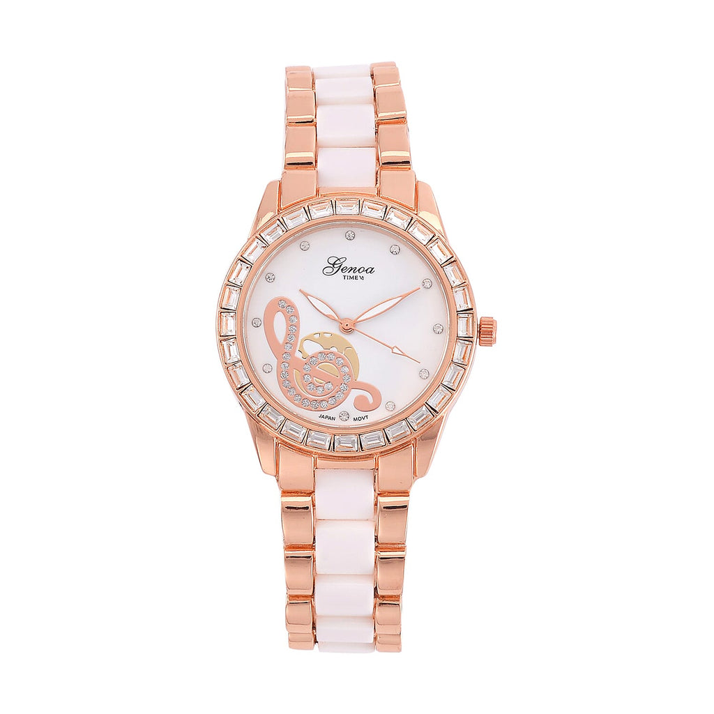 GENOA Japan Movt. 3ATM WR Crystal Studded Music Pattern Watch with Stainless Steel Strap in Dual Tone