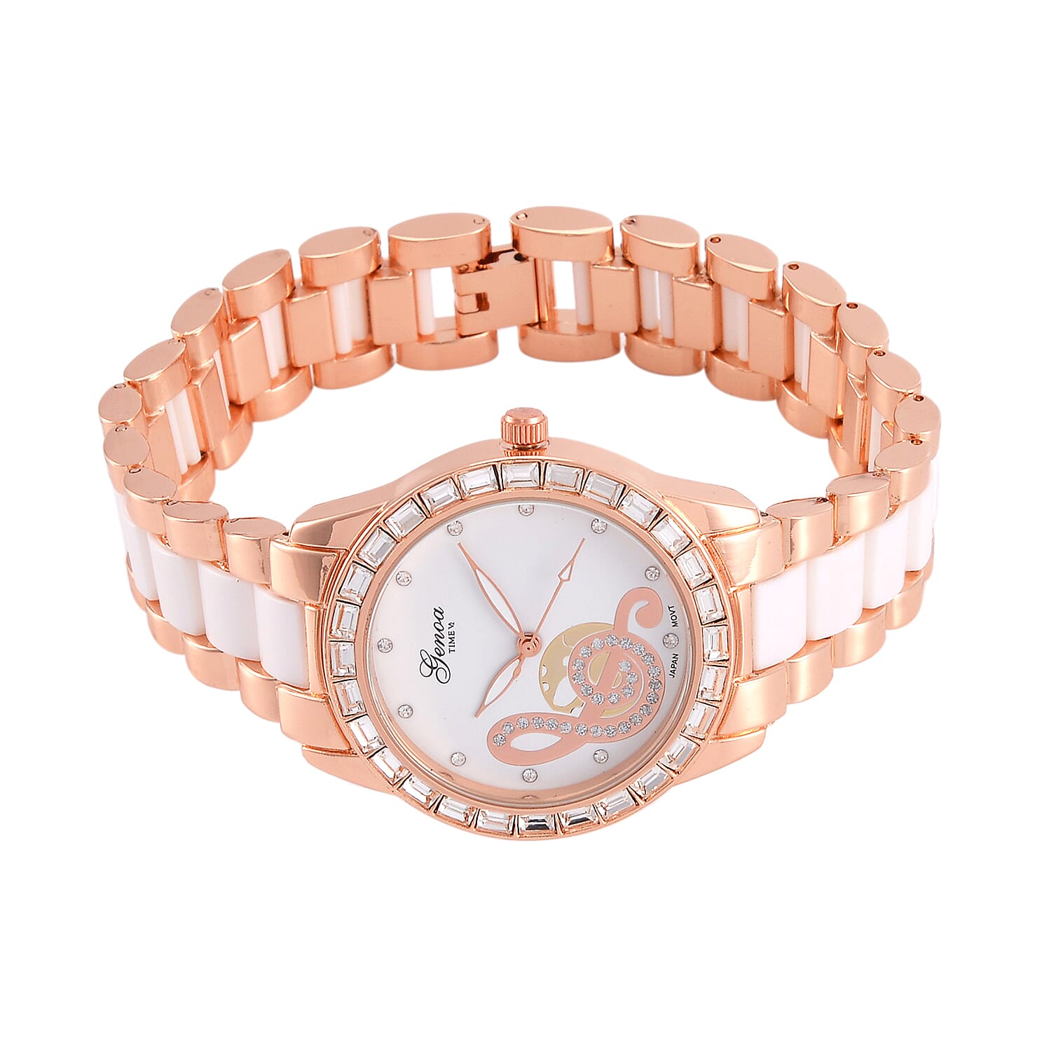 GENOA Japan Movt. 3ATM WR Crystal Studded Music Pattern Watch with Stainless Steel Strap in Dual Tone