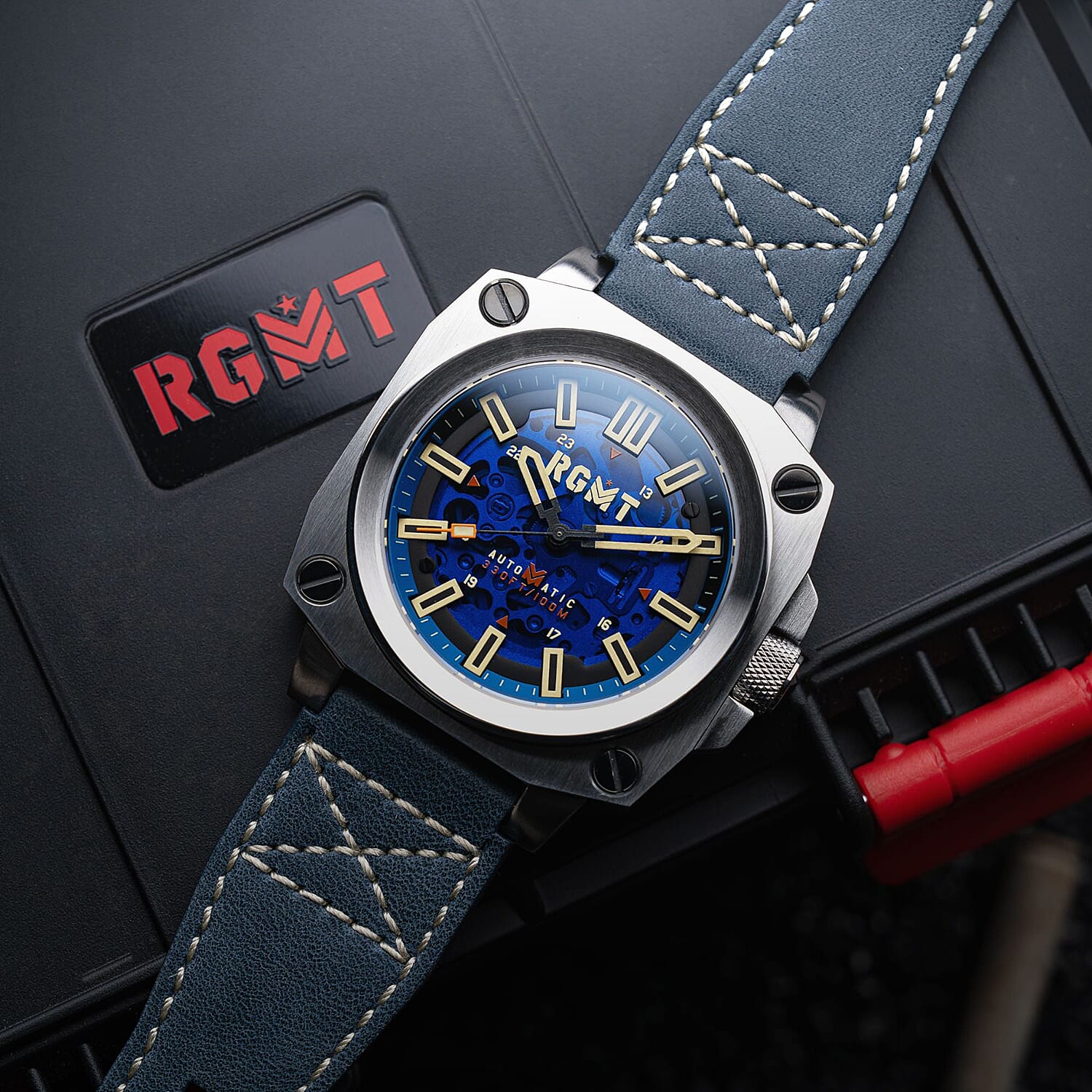 Altimeter Skeleton Automatic 10 AMT RGMT Mens Watch with Genuine Leather Strap - Admiral Blue