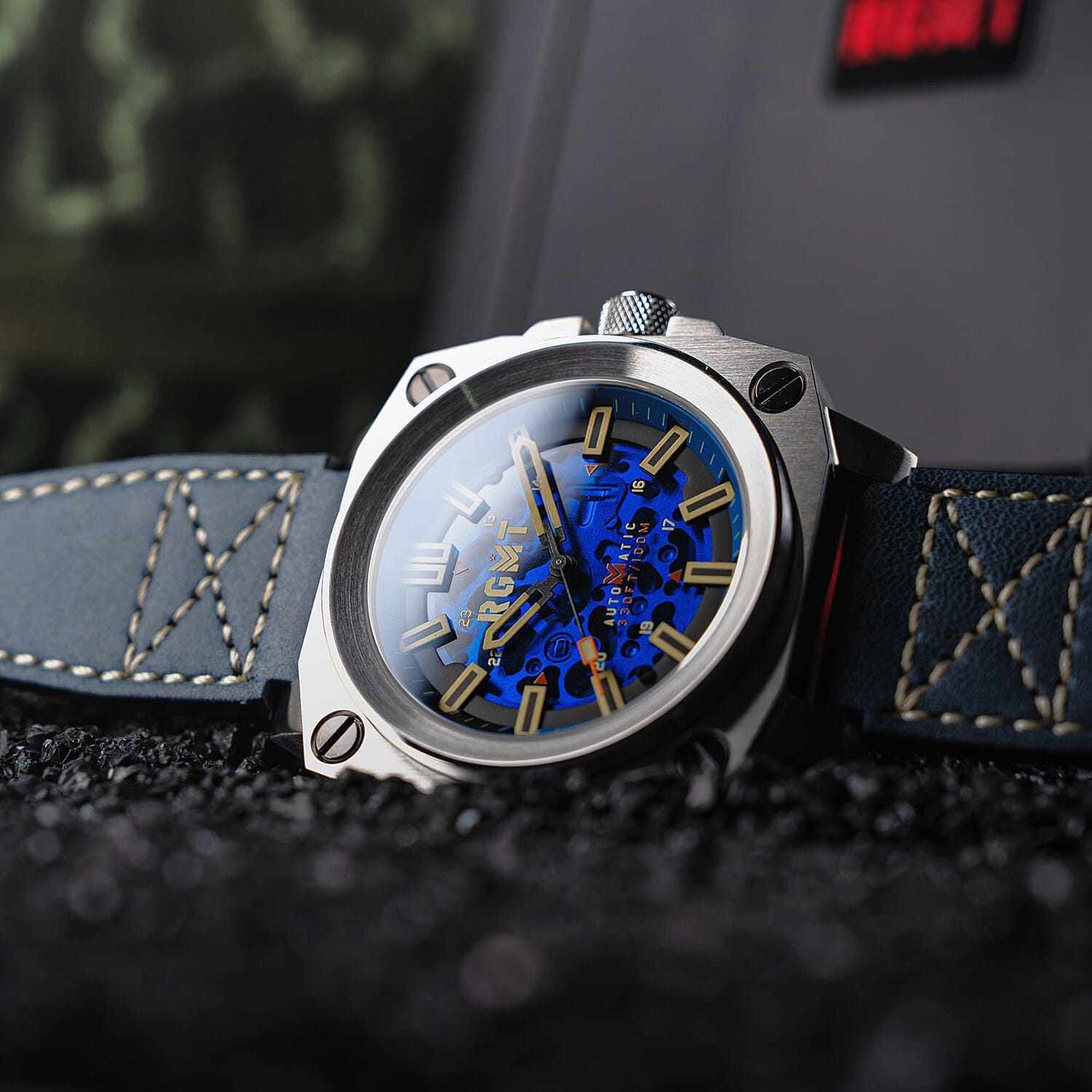 Altimeter Skeleton Automatic 10 AMT RGMT Mens Watch with Genuine Leather Strap - Admiral Blue