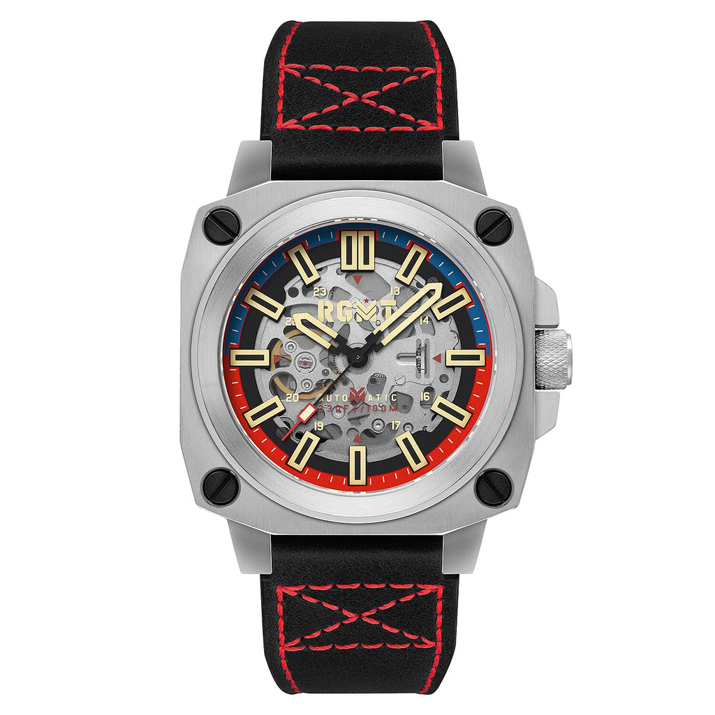Altimeter Skeleton Automatic 10 AMT RGMT Mens Watch with Genuine Leather Strap - Navy Blue