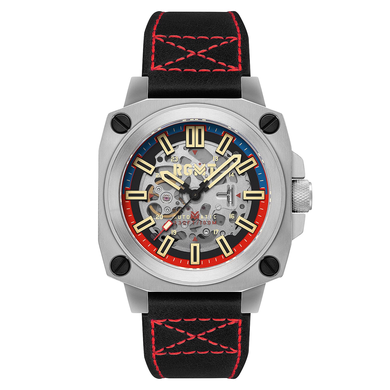 Altimeter Skeleton Automatic 10 AMT RGMT Mens Watch with Genuine Leather Strap - Navy Blue