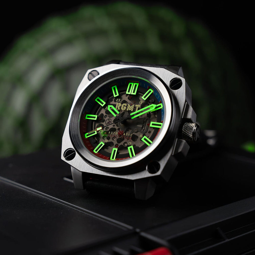 Altimeter Skeleton Automatic 10 AMT RGMT Mens Watch with Genuine Leather Strap - Navy Blue