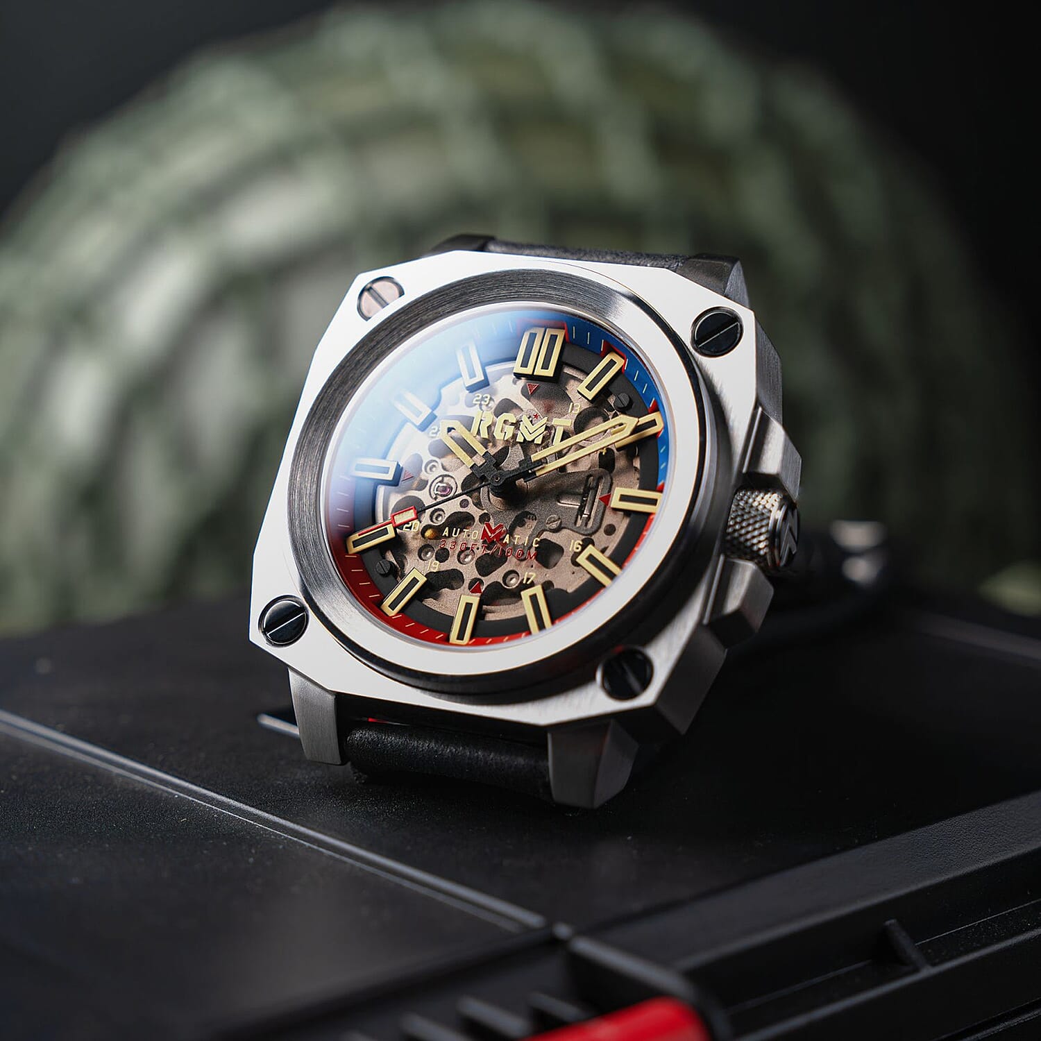 Altimeter Skeleton Automatic 10 AMT RGMT Mens Watch with Genuine Leather Strap - Navy Blue
