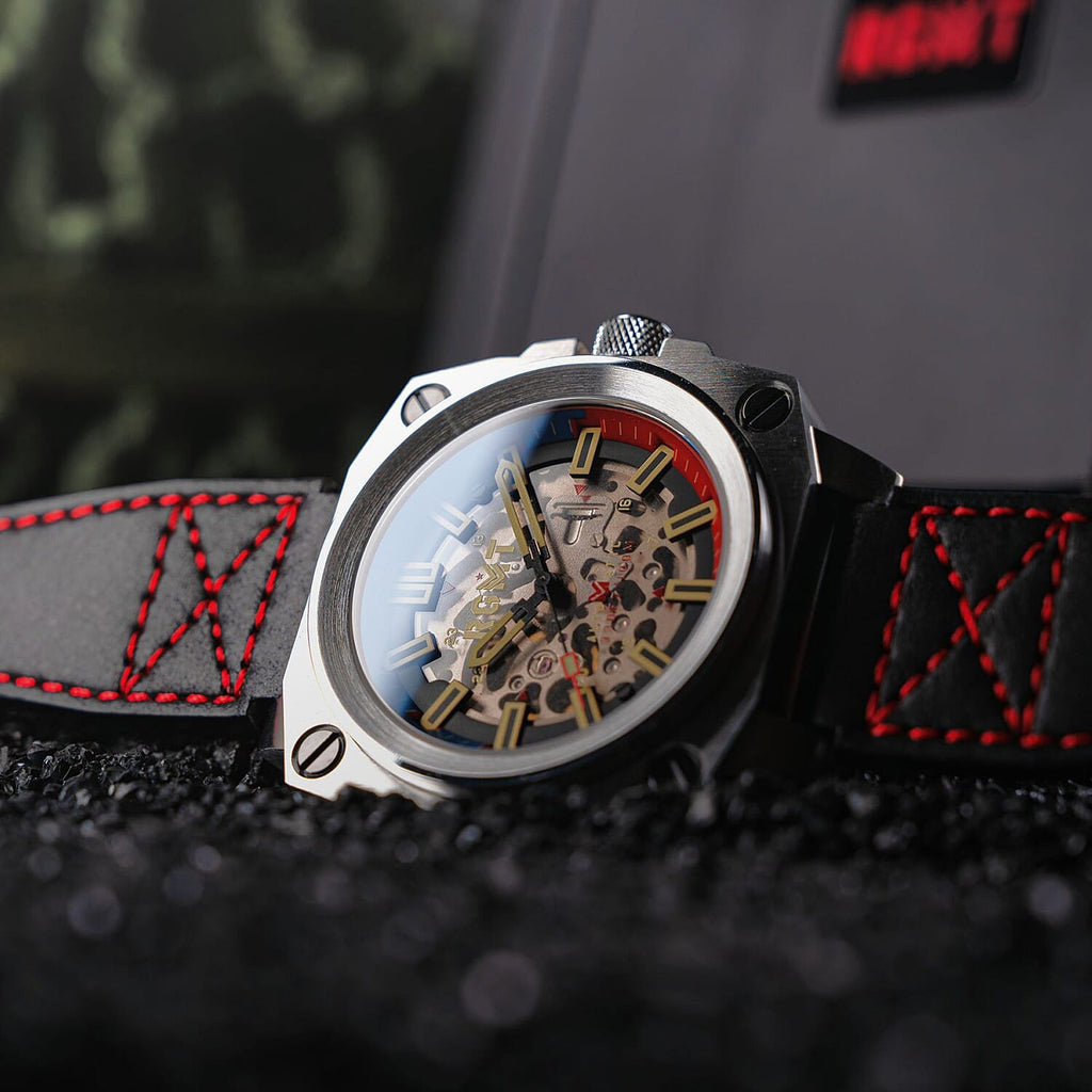 Altimeter Skeleton Automatic 10 AMT RGMT Mens Watch with Genuine Leather Strap - Navy Blue