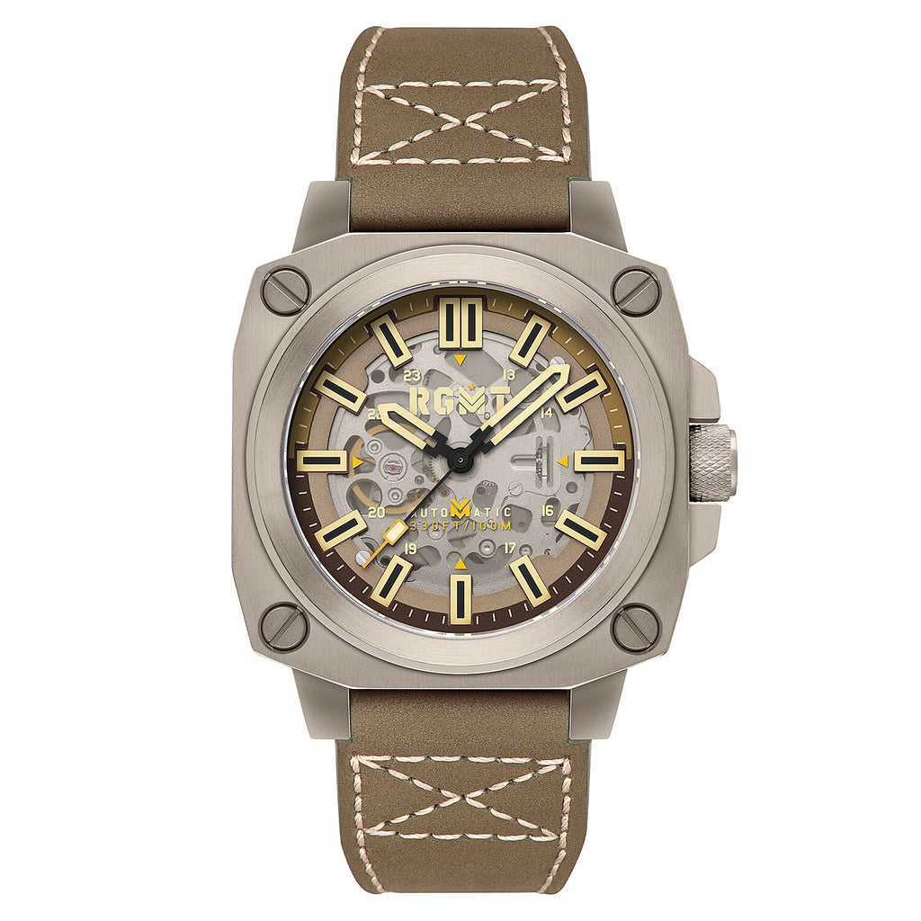 Altimeter Skeleton Automatic 10 AMT RGMT Mens Watch with Genuine Leather Strap - Khaki Brown