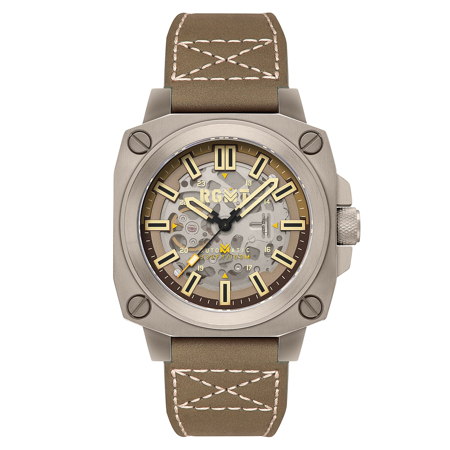 Altimeter Skeleton Automatic 10 AMT RGMT Mens Watch with Genuine Leather Strap - Khaki Brown