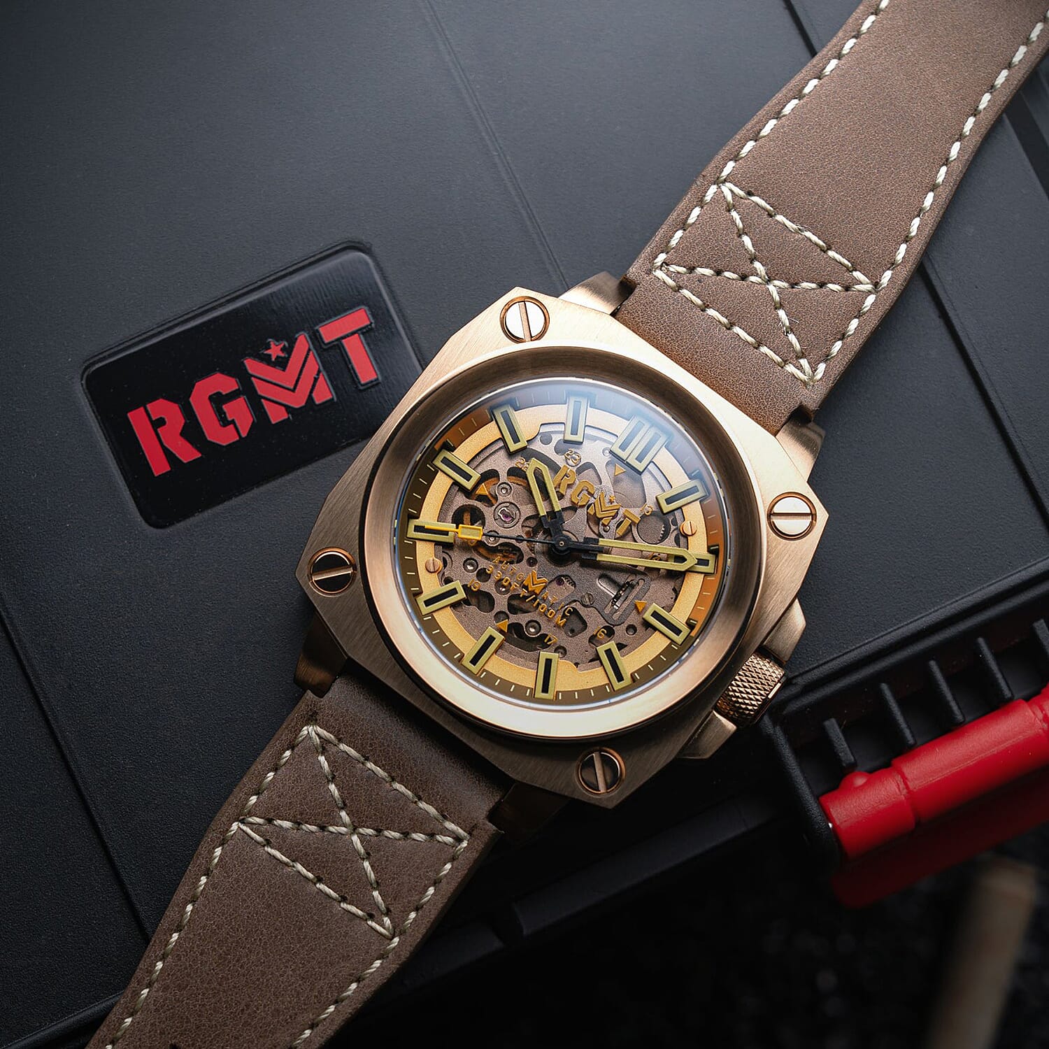 Altimeter Skeleton Automatic 10 AMT RGMT Mens Watch with Genuine Leather Strap - Khaki Brown