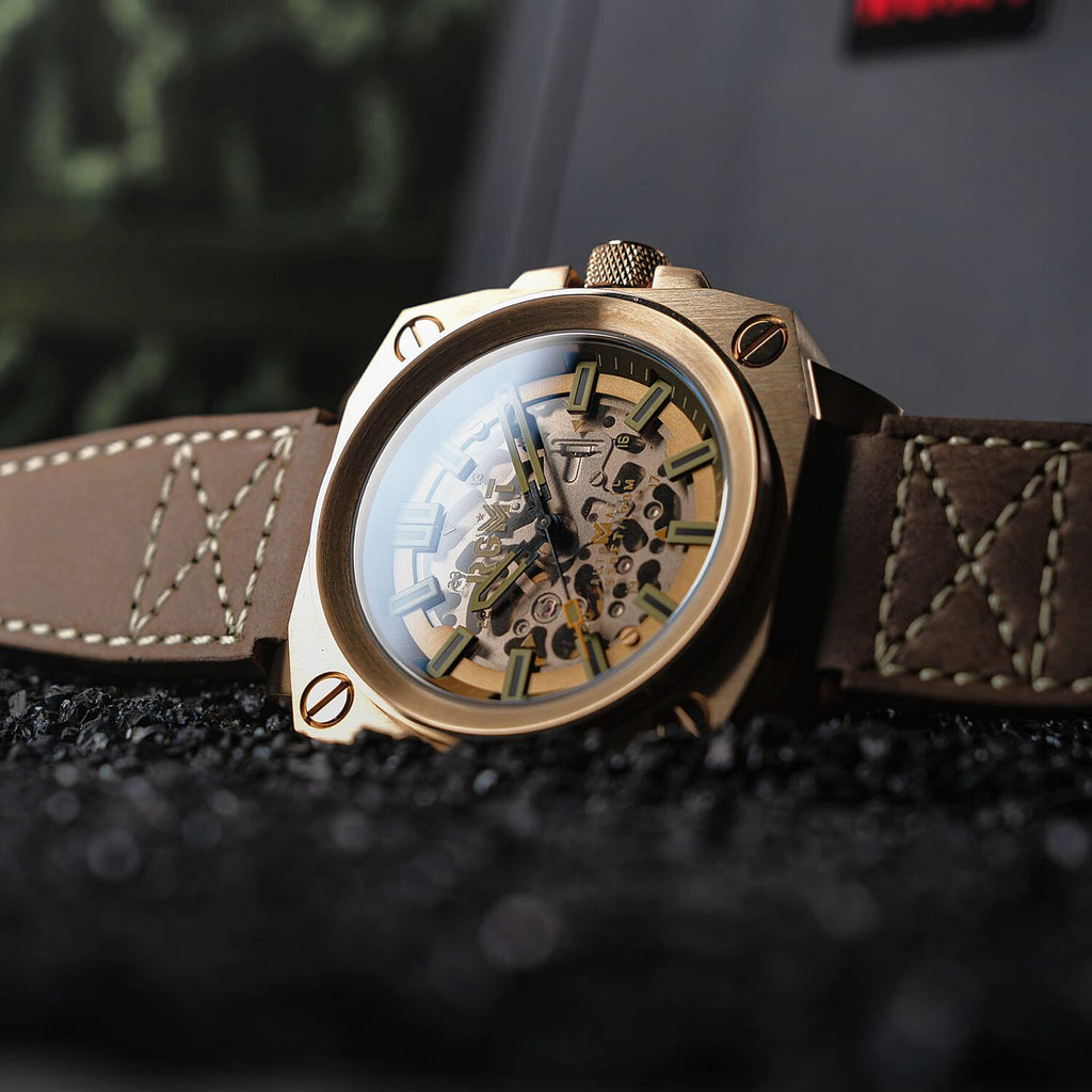 Altimeter Skeleton Automatic 10 AMT RGMT Mens Watch with Genuine Leather Strap - Khaki Brown