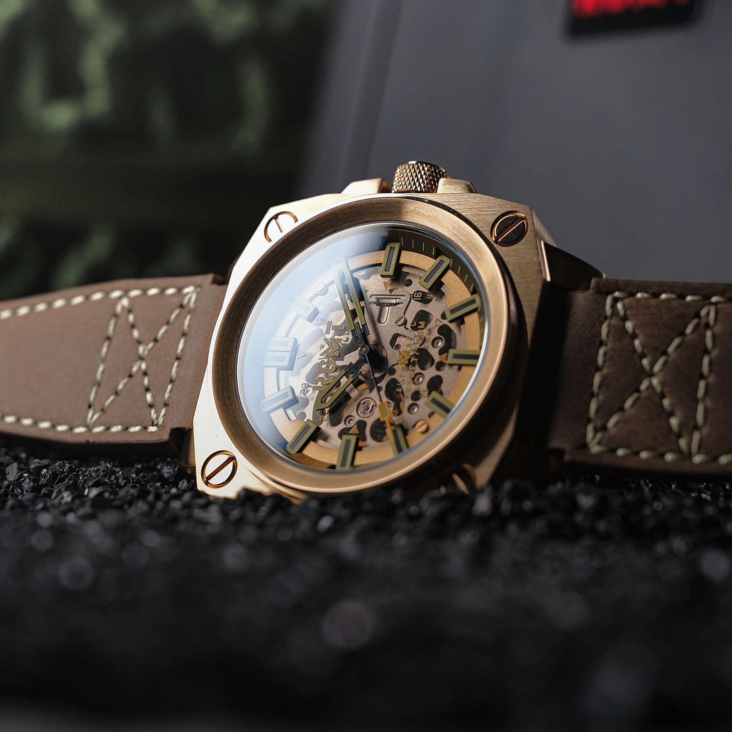 Altimeter Skeleton Automatic 10 AMT RGMT Mens Watch with Genuine Leather Strap - Khaki Brown