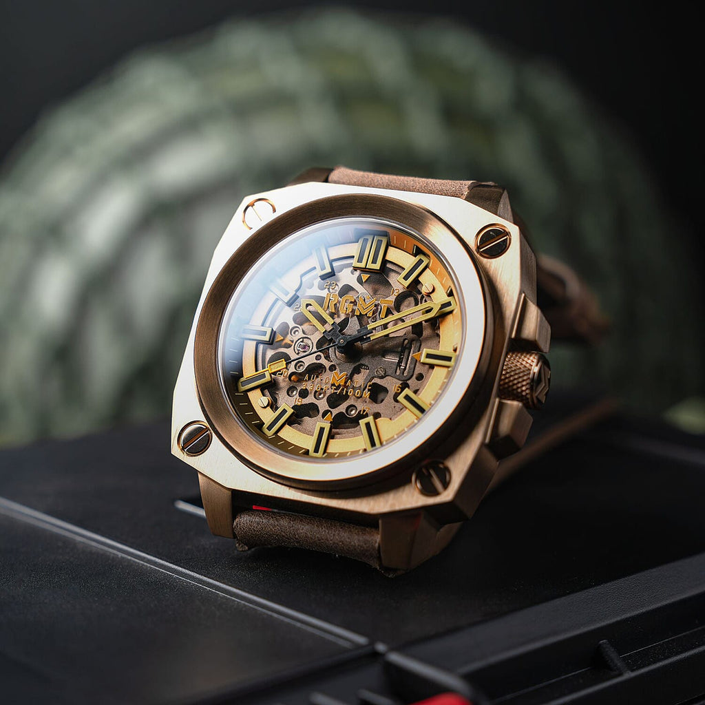 Altimeter Skeleton Automatic 10 AMT RGMT Mens Watch with Genuine Leather Strap - Khaki Brown