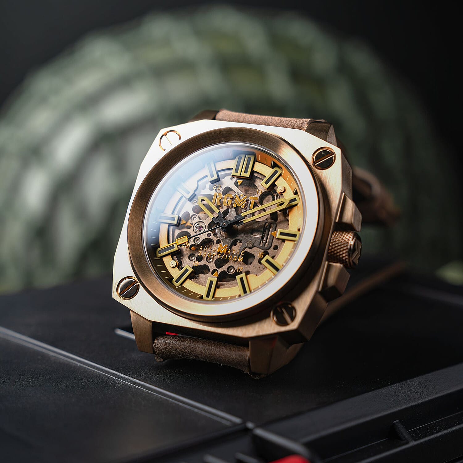 Altimeter Skeleton Automatic 10 AMT RGMT Mens Watch with Genuine Leather Strap - Khaki Brown
