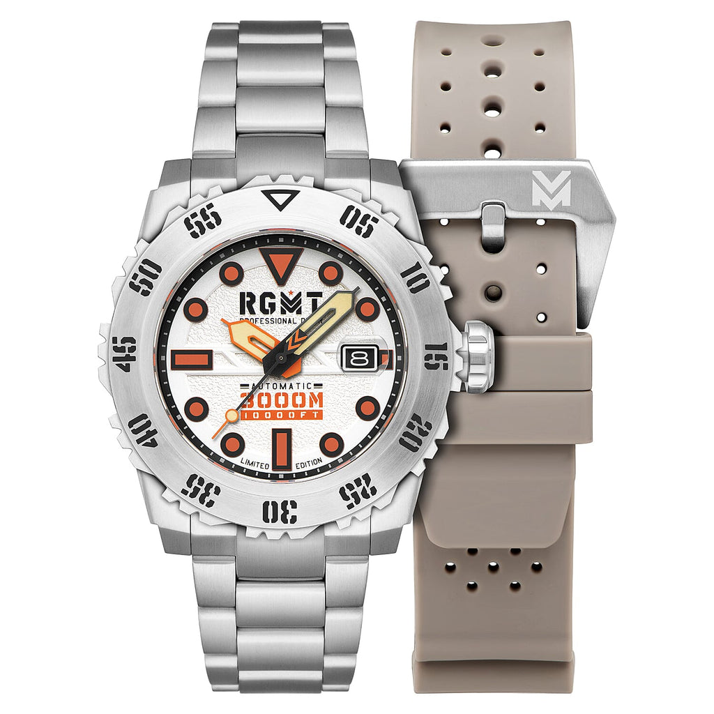 Limited Edition- Ohio Automatic Smokey White 300 ATM Mens Watch With Extra Silicon Strap - Beige