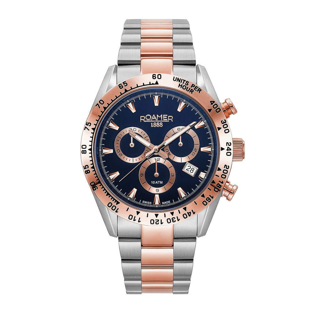 Monza Roamer Swiss Ronda 5030 Chrono Movt. 10ATM WR Blue Dial Mens Watch with Silver and Rose Colour Stainless Steel Strap