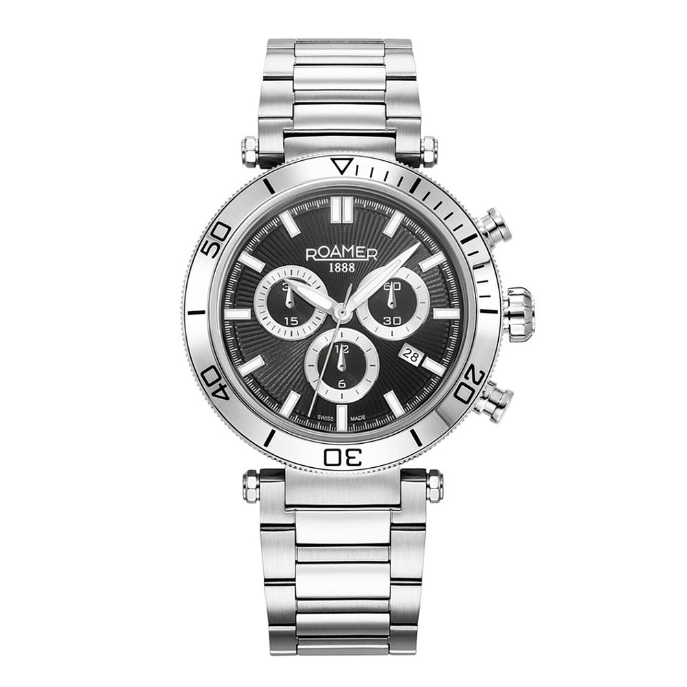 ROAMER Toscana Swiss Ronda-5030.D-A1C4 Movt. 5ATM WR Black Dial Mens Watch with Silver Colour Stainless Steel Strap