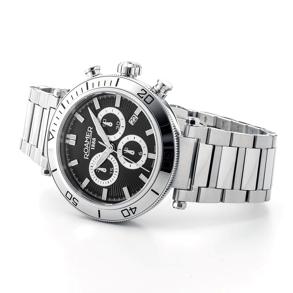 ROAMER Toscana Swiss Ronda-5030.D-A1C4 Movt. 5ATM WR Black Dial Mens Watch with Silver Colour Stainless Steel Strap