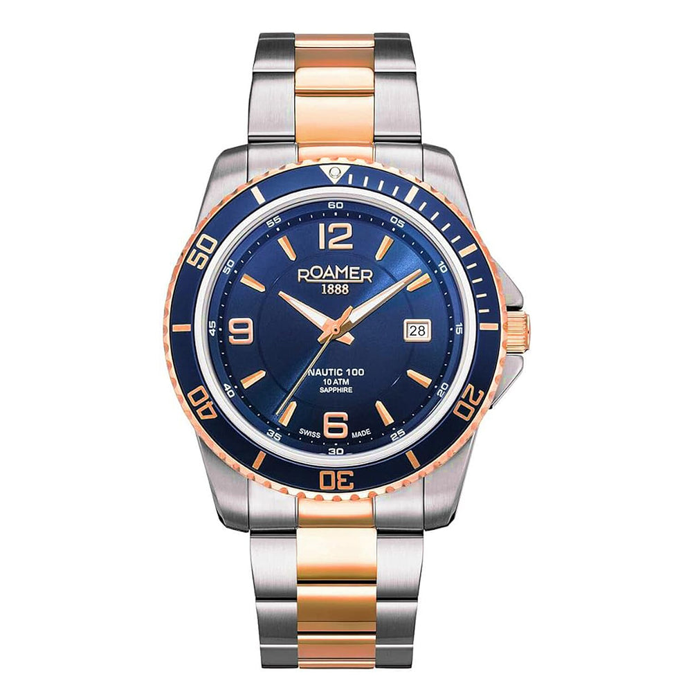 Roamer Nautic Swiss Quartz Movt. 10ATM Mens Blue Dial Watch with Rose - Silver Stainless Steel Strap