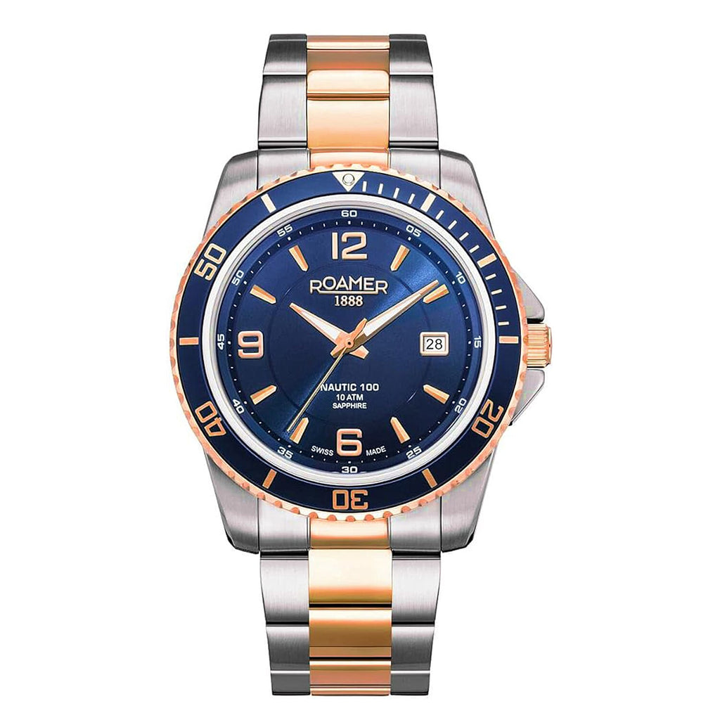 Roamer Nautic Swiss Quartz Movt. 10ATM Mens Blue Dial Watch with Rose - Silver Stainless Steel Strap