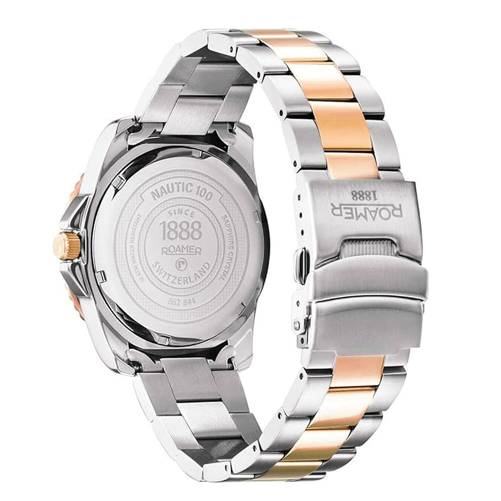 Roamer Nautic Swiss Quartz Movt. 10ATM Mens Blue Dial Watch with Rose - Silver Stainless Steel Strap