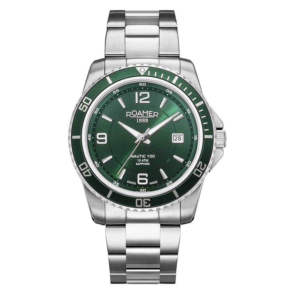 Roamer Nautic Swiss Quartz Movt. 10ATM Mens Green Dial Watch with Silver Color Stainless Steel Strap