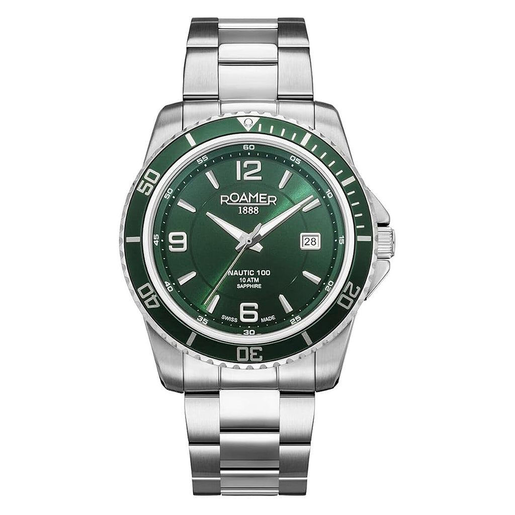 Roamer Nautic Swiss Quartz Movt. 10ATM Mens Green Dial Watch with Silver Color Stainless Steel Strap