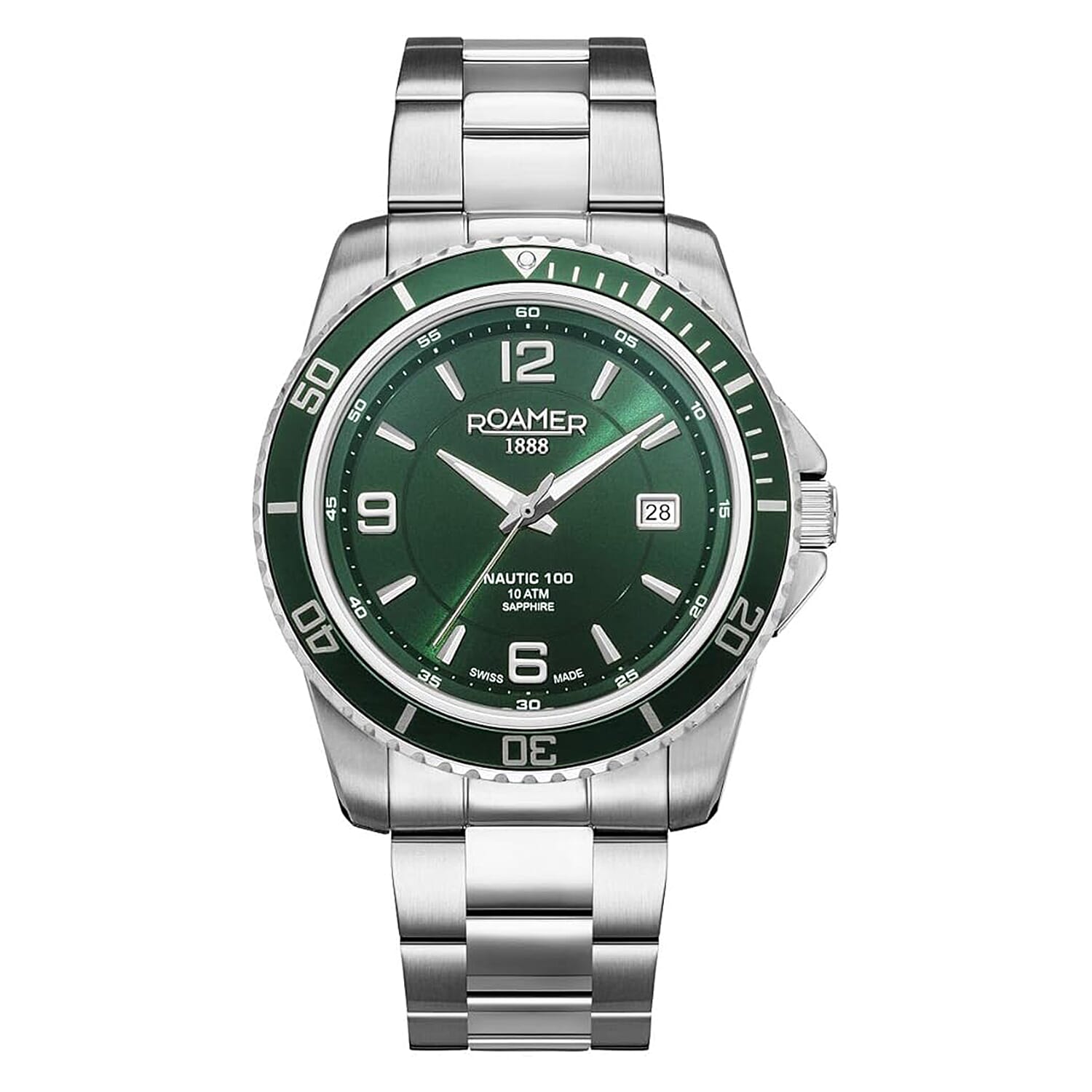 Roamer Nautic Swiss Quartz Movt. 10ATM Mens Green Dial Watch with Silver Color Stainless Steel Strap